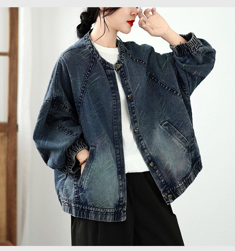 レディース カーディガン ジャケット 長袖 プリント ゆったり デニム 春夏 カジュアル レトロ 体型カバー 大きいサイズ 春 ショート 夏 ラウンドネック 秋 冬 アウター デニムジャケット 秋冬