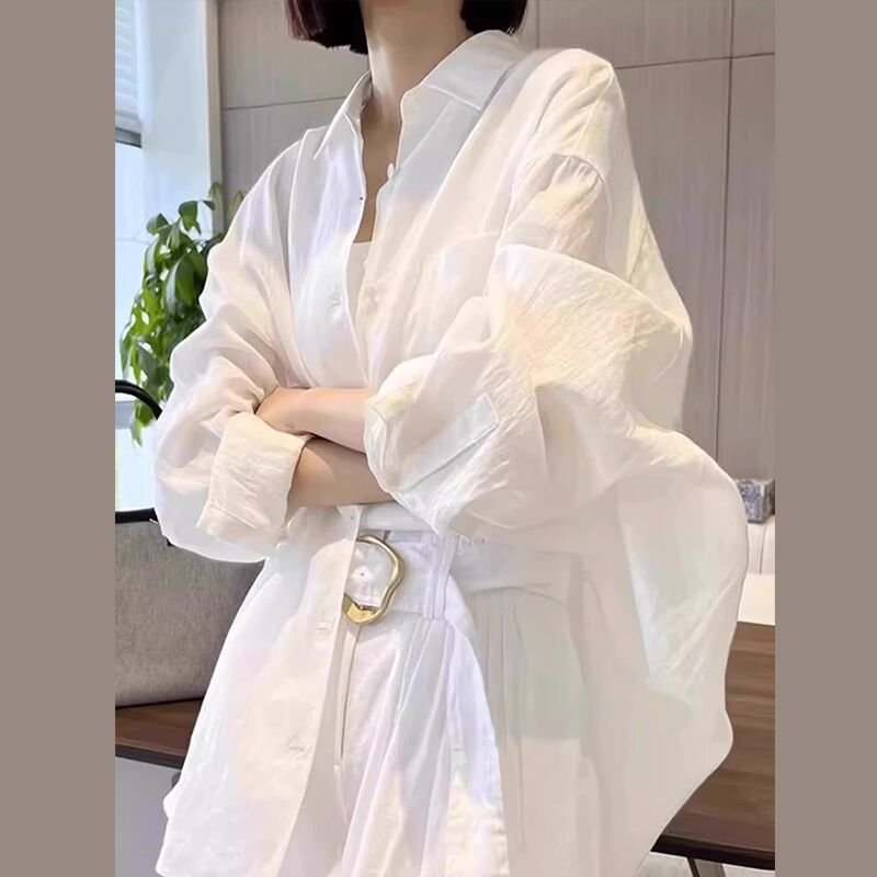 シャツ ジャケット 長袖 無地 ゆったり 春夏 レトロ 前開き 春 夏 ホワイト シンプル 切り替えデザイン レギュラー ポリエステル 春服