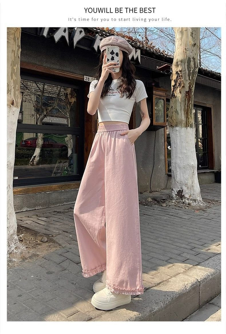レディース パンツ 無地 ゆったり ワイド 春夏 カジュアル 春 夏 シンプル ロング フリル ワイドパンツ 切り替えデザイン ドレープ ウエストゴム ポリエステル