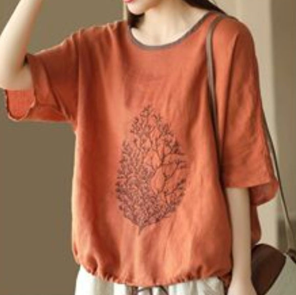 レディース トップス カットソー プルオーバー パイピング Tシャツ 半袖 ラウンドネック ストリート ハイウエスト ドロスト リネン 綿 コットン 麻 かわいい 大人可愛い きれいめ シンプル カジュアル おしゃれ レトロ プレッピー アクティブ ナチュラル リーフ ボタニカル 夏 お出かけ イベント リゾート 旅行 公園 女子会 休日 楽ちん 普段使い 着回し M L XL 2XL 3XL 4XL 小さいサイズ 大きいサイズ ビッグ ゆったり ゆる 茶色 ブラウン オフホワイト ベージュ オレンジ