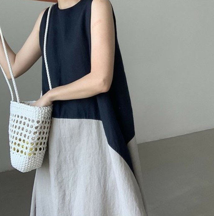 ドレス ノースリーブ 無地 春夏 袖なし 春 夏 膝上 ラウンドネック シンプル ロング シック