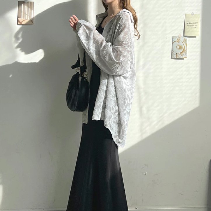 シャツ トップス 長袖 無地 春夏 きれいめ 旅行 前開き 春 夏 レース シンプル 上品 シフォン ビーチ タイ レギュラー ポリエステル