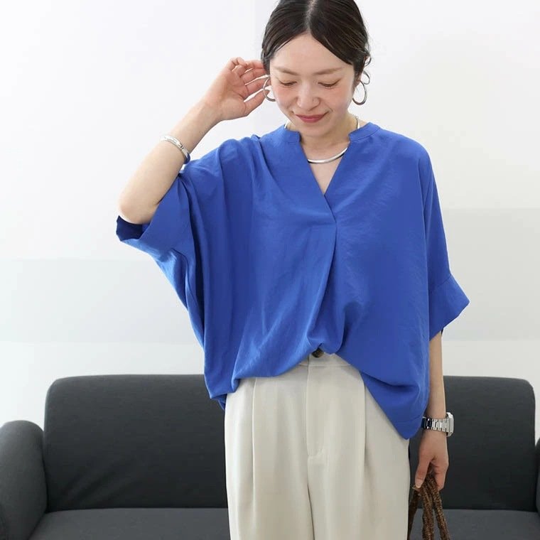 レディース シャツ ゆったり 春夏 カジュアル 体型カバー 前開き Vネック 春 夏 ロング 切り替えデザイン プルオーバー ポリエステル