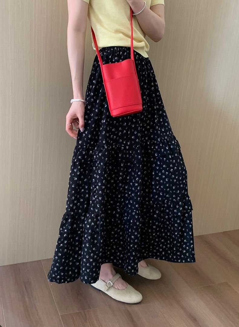 レディース スカート 花柄 スリム 春夏 ボトムス 春 夏 ブラック ロング Aライン ハイウエスト タイ