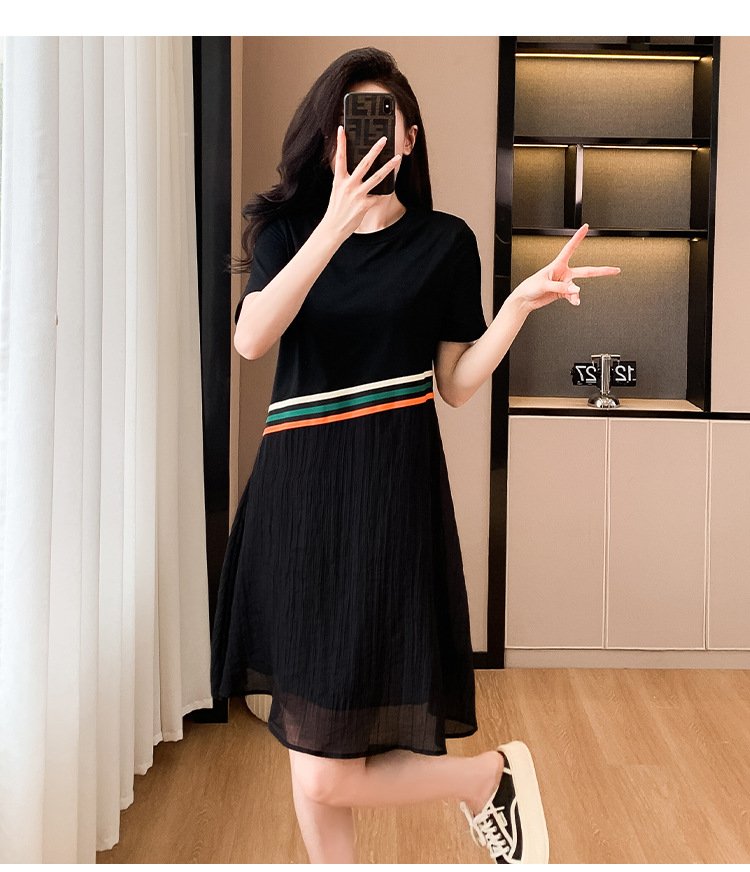 ワンピース 半袖 春夏 カジュアル おしゃれ 春 夏 ラウンドネック ミモレ フリル 上品 切り替えデザイン