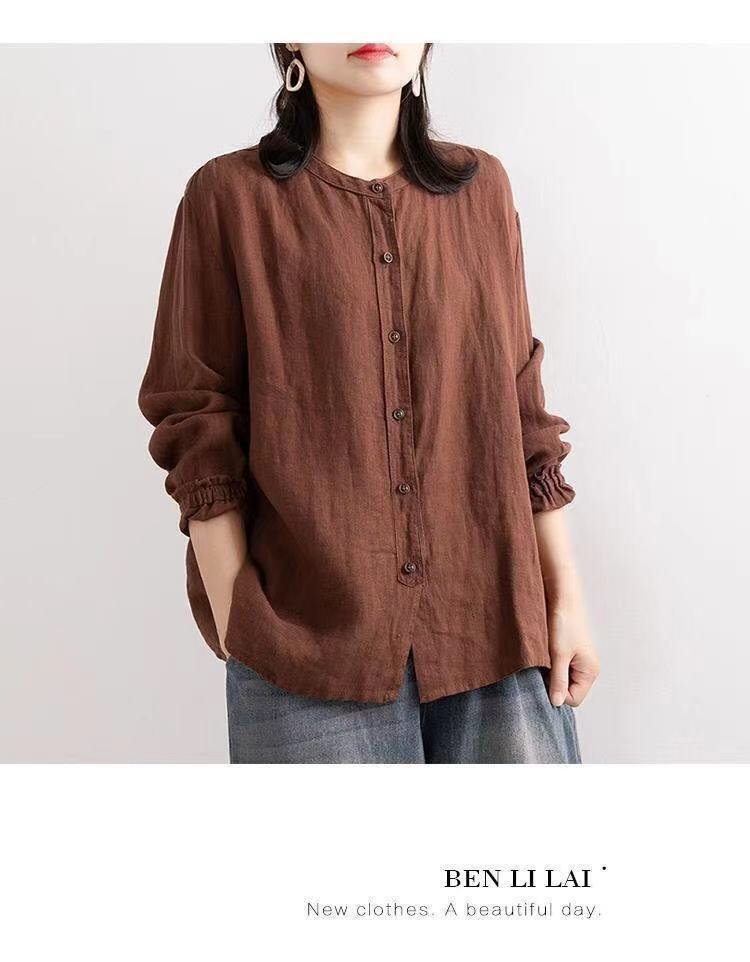 レディース シャツ ジャケット ゆったり コットン 綿 春 秋 カジュアル レトロ 体型カバー 春夏 前開き 膝丈 ラウンドネック