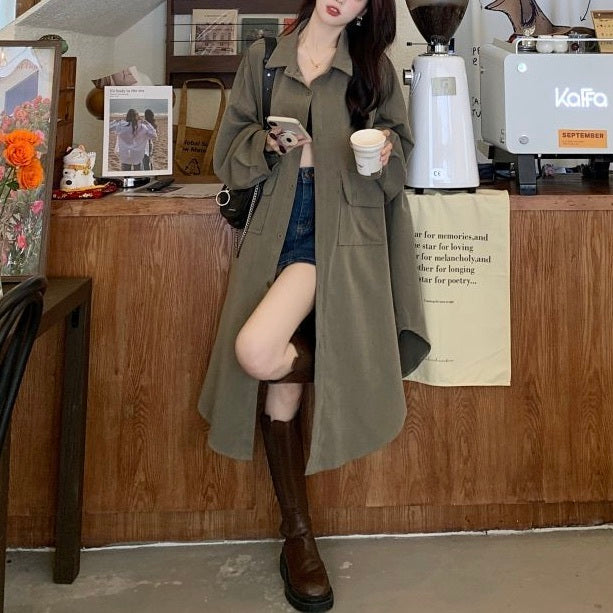 レディース コート アウター 上着 ロングコート キ シャツコート ロング 長袖 Vネック 襟付き 角襟 オーバーサイズ  フェミニン ストリート 前開き アメカジ きれいめ シンプル カジュアル 上品 おしゃれ こなれ感 ラフ メンズライク マニッシュ スポーティー ナチュラル 無地 春 秋 お出かけ 休日 楽ちん 暖かい 防寒 体型カバー 普段使い 着回し レイヤード トレンド 流行 定番 L XL 2XL 3XL 4XL 小さいサイズ 大きいサイズ ビッグ ゆったり ゆる 黒 ブラック カーキ