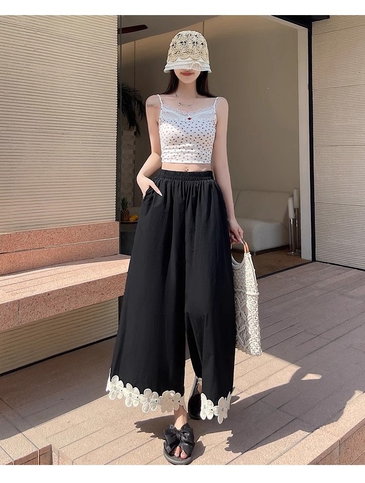 レディース パンツ 花柄 ゆったり ワイド 春夏 カジュアル きれいめ 春 夏 レース ブラック 上品 ロング ワイドパンツ ストレッチ ポリエステル 森ガール