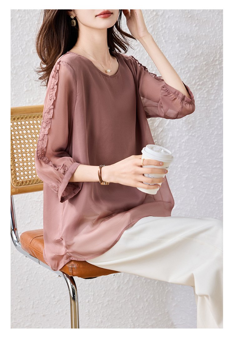シャツ トップス プリント ゆったり スリム 春夏 カジュアル きれいめ 前開き 春 夏 ラウンドネック 上品 シフォン 切り替えデザイン 丸襟 レギュラー ポリエステル