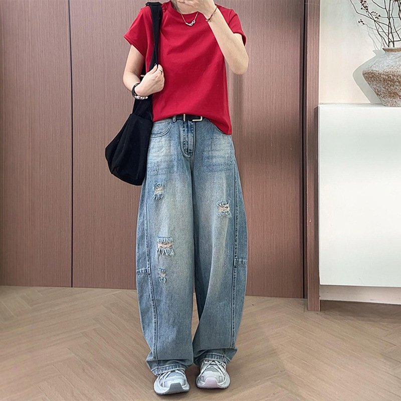 レディース パンツ ゆったり ワイド コットン 綿 デニム 夏 秋冬 カジュアル 大きいサイズ 秋 冬 スリム ロング ストレート ロングパンツ デニムパンツ ハイウエスト ダメージ