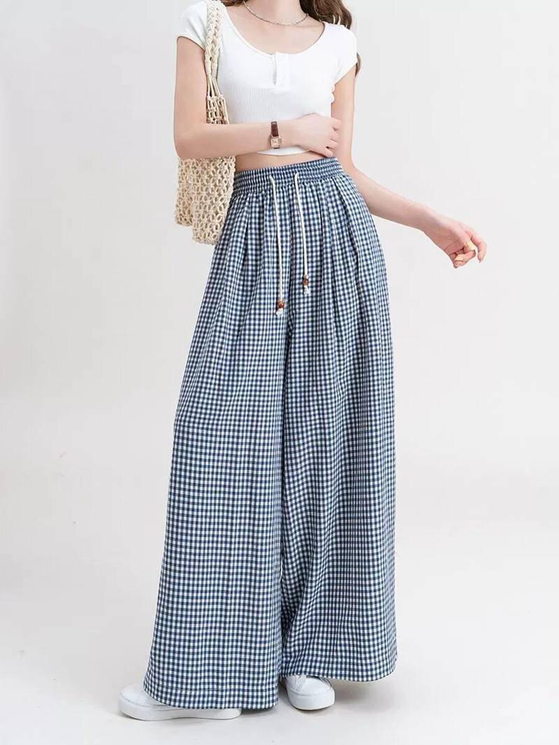 レディース パンツ チェック柄 ゆったり ワイド デニム 春夏 カジュアル きれいめ レトロ 通勤 春 夏 秋 スリム ロング ワイドパンツ ドレープ ハイウエスト 都会的