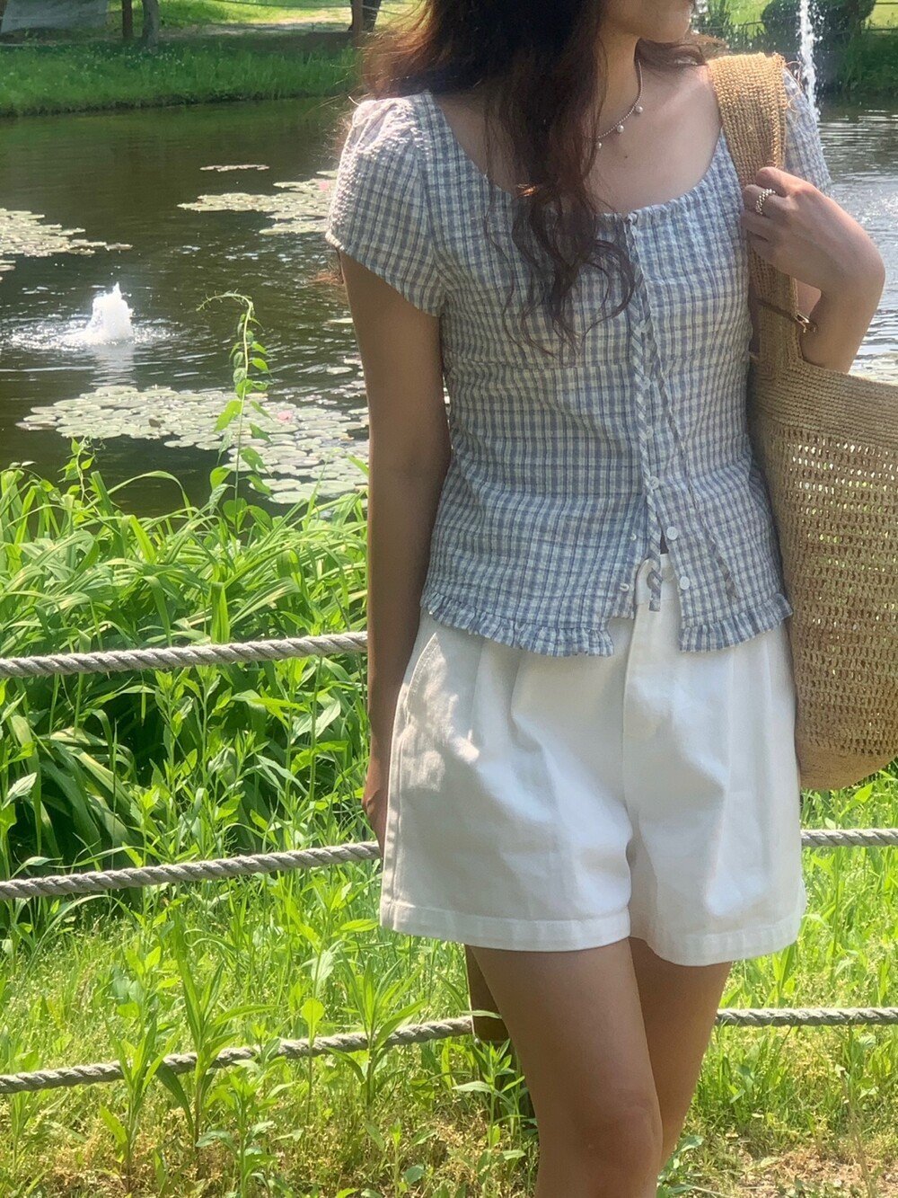 シャツ 半袖 チェック柄 春夏 前開き 春 夏 ラウンドネック フリル