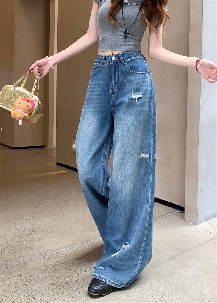 レディース パンツ ゆったり ワイド コットン 綿 デニム 春夏 カジュアル 春 夏 ロング デニムパンツ ブルー ハイウエスト ストレッチ ダメージ