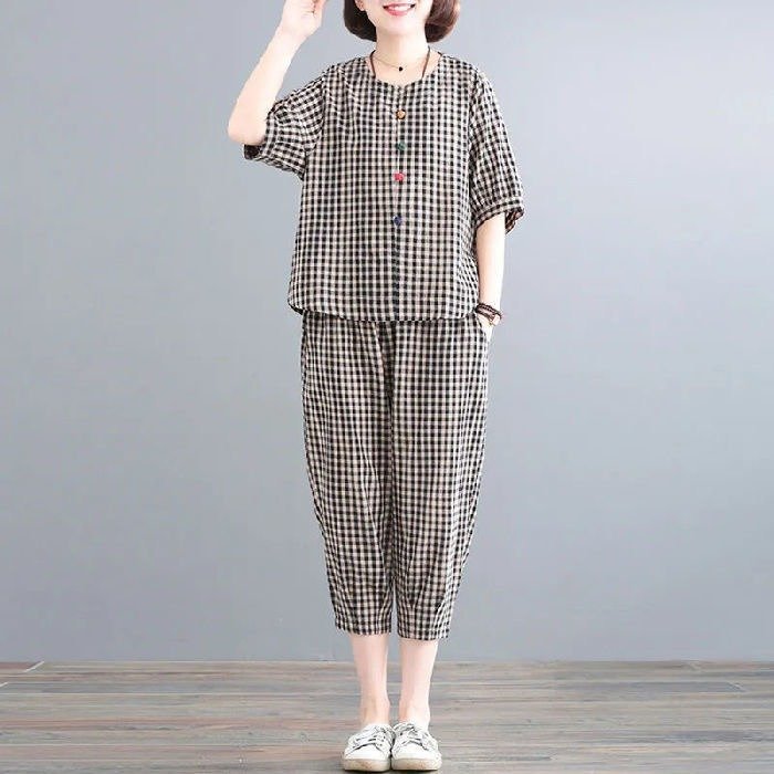 レディース パンツ チェック柄 コットン 綿 春夏 カジュアル レトロ 大きいサイズ ボトムス 春 夏 ブラック ミモレ パフスリーブ 9分丈 レッド スーツ ポリエステル