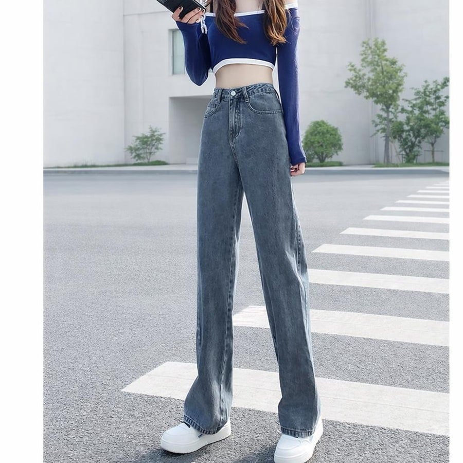 レディース 春 秋 ストレート 切り替えデザイン ハイウエスト