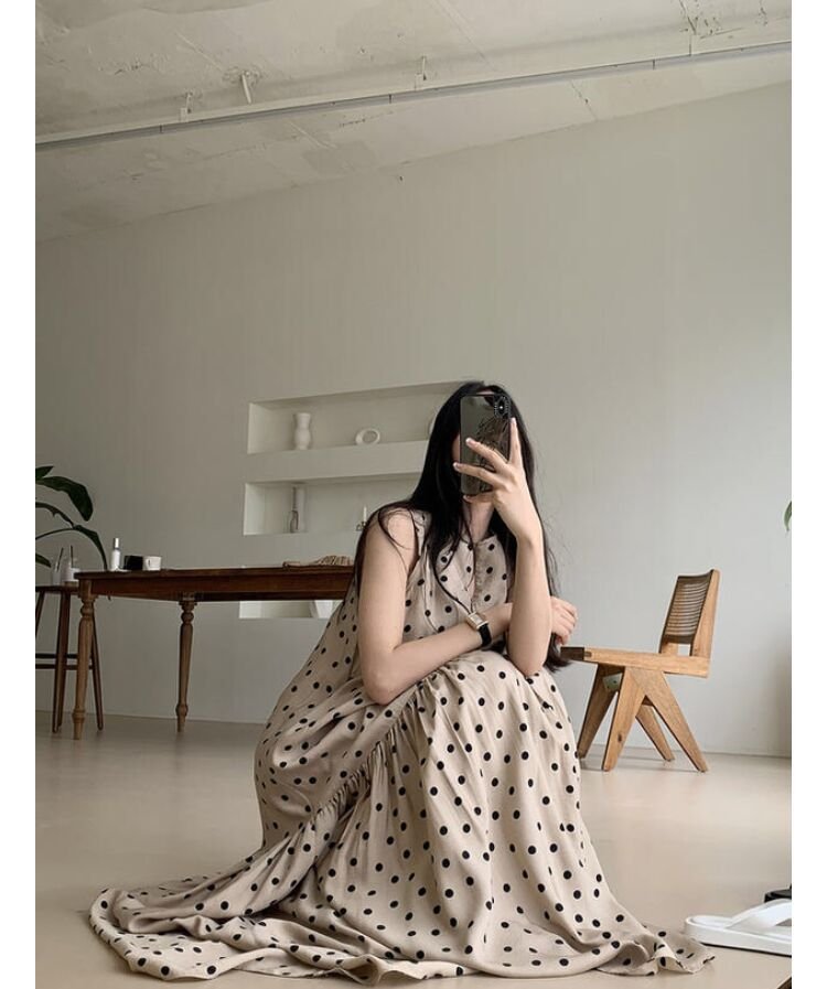 ドレス ノースリーブ 春夏 きれいめ 袖なし 春 夏 ラウンドネック ドット リゾート ロング