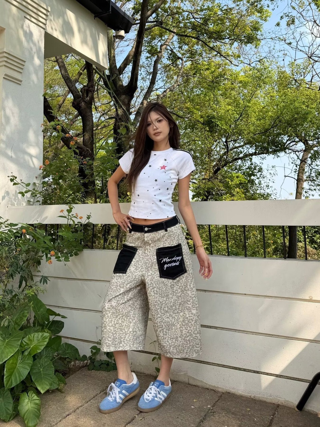 レディース パンツ ゆったり ワイド コットン 綿 デニム 春夏 カジュアル アメリカン 春 夏 ワイドパンツ レオパード ポケット ハイウエスト ストリート ヴィンテージ ストレッチ
