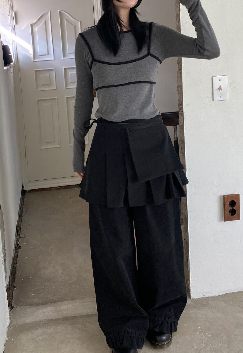 レディース スカート ワイドパンツ パンツ ボトムス ２点セット ワイド Aライン プリーツ フリル リボン ウエストリボン かわいい 大人可愛い おしゃれ ガーリー 主役級 存在感 抜け感 キュート ロマンティック ナチュラル デート お出かけ イベント 女子会 休日 ショッピング カフェ モノトーン 重ね着 体型カバー 美脚 脚長 普段使い 着回し レイヤード トレンド 流行 インスタ映え スタイルアップ スタイリッシュ ゆったり ゆる フリーサイズ ワンサイズ ダークグレー ブラック