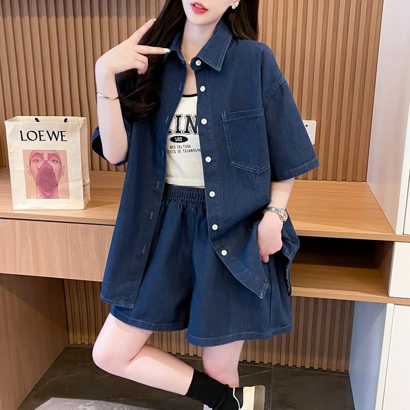 シャツ パンツ ゆったり デニム 春夏 カジュアル 大きいサイズ 前開き 春 夏 ハーフ セットアップ ポリエステル