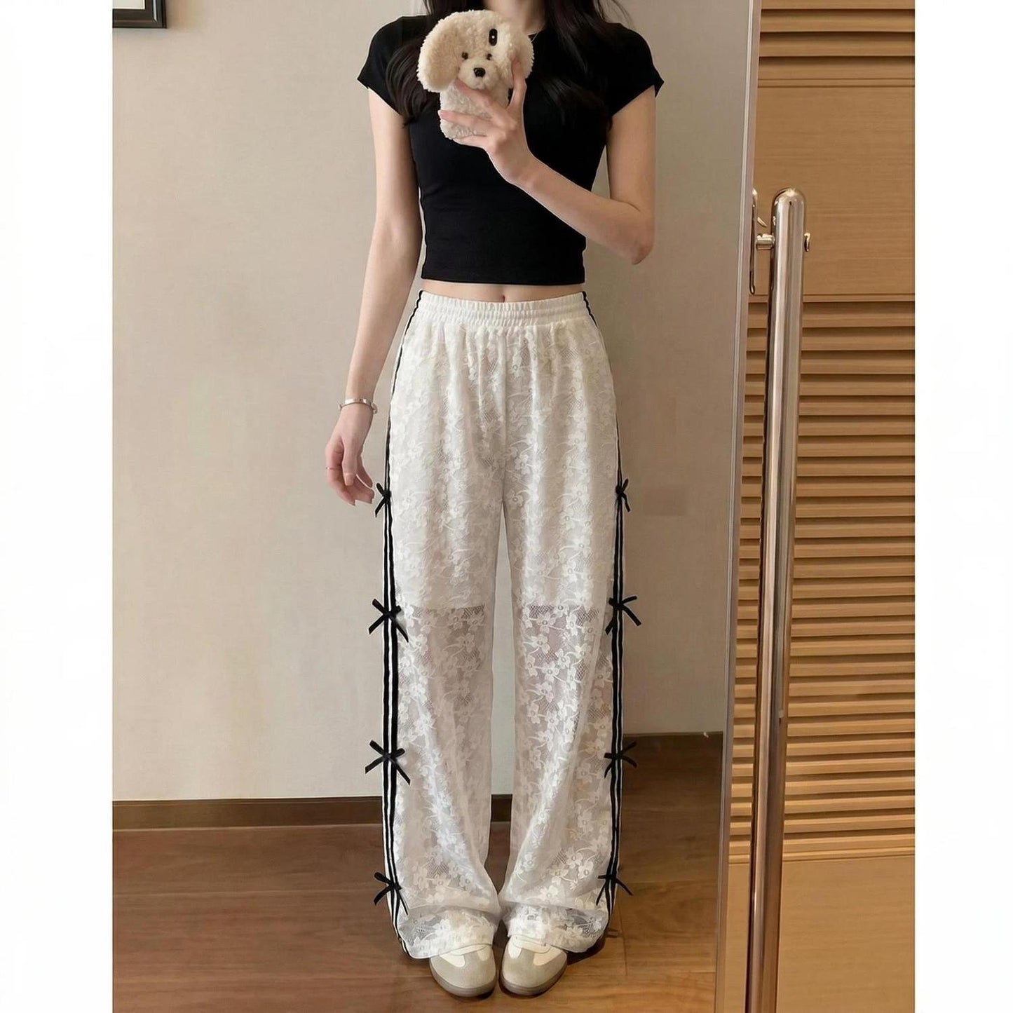 レディース パンツ スリム 春夏 カジュアル 春 白 夏 レース ストレートパンツ ロング ストレート 薄手 ハイウエスト 蝶 ポリエステル