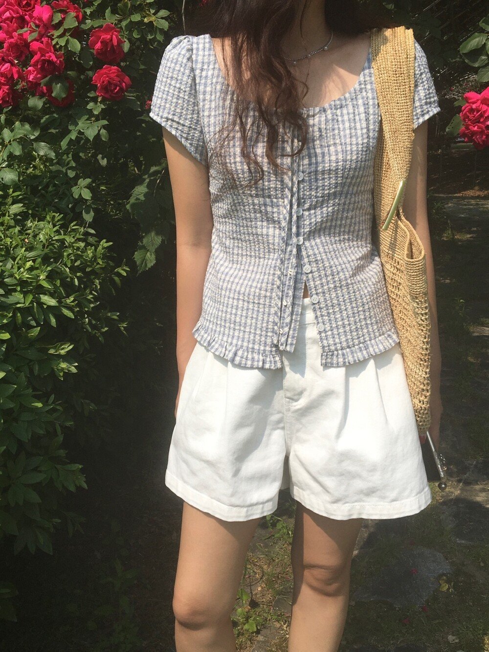 シャツ 半袖 チェック柄 春夏 前開き 春 夏 ラウンドネック フリル