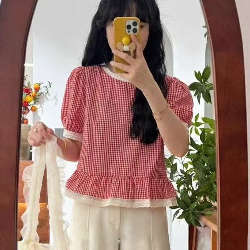 レディース シャツ トップス 半袖 チェック柄 花柄 春夏 きれいめ おしゃれ 前開き Vネック 春 夏 レース 上品 プルオーバー