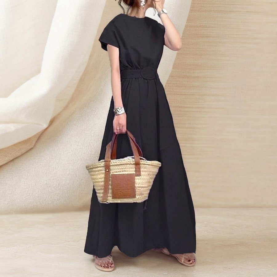 ワンピース ドレス 半袖 無地 春夏 パーティー 春 夏 黒 シンプル 秋 冬 ベルト