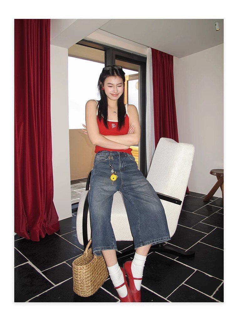 レディース パンツ ゆったり スリム コットン 綿 デニム 春夏 カジュアル アメリカン 春 夏 ストレート 切り替えデザイン デニムパンツ ハイウエスト ヴィンテージ ポリエステル
