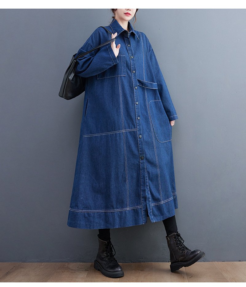 ジャケット 長袖 無地 ゆったり デニム 秋 体型カバー シンプル 上品 ロング バイカラー 着痩せ