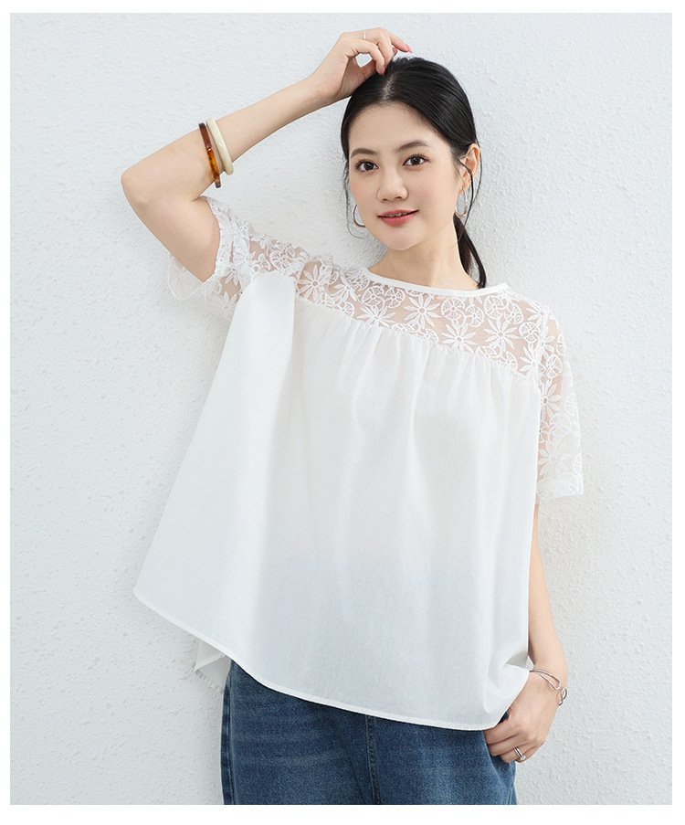 シャツ トップス Tシャツ 半袖 無地 ゆったり 春夏 きれいめ 通勤 大きいサイズ 前開き 春 夏 ラウンドネック レース シンプル 上品