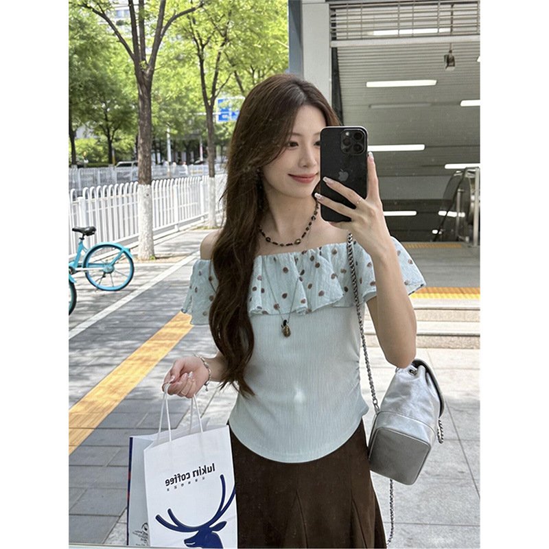 レディース ブラウス シャツ トップス 半袖 スリム 春夏 カジュアル 前開き 春 ショート 夏 フリル 切り替えデザイン オフショルダー グリーン Tシャツ ドット