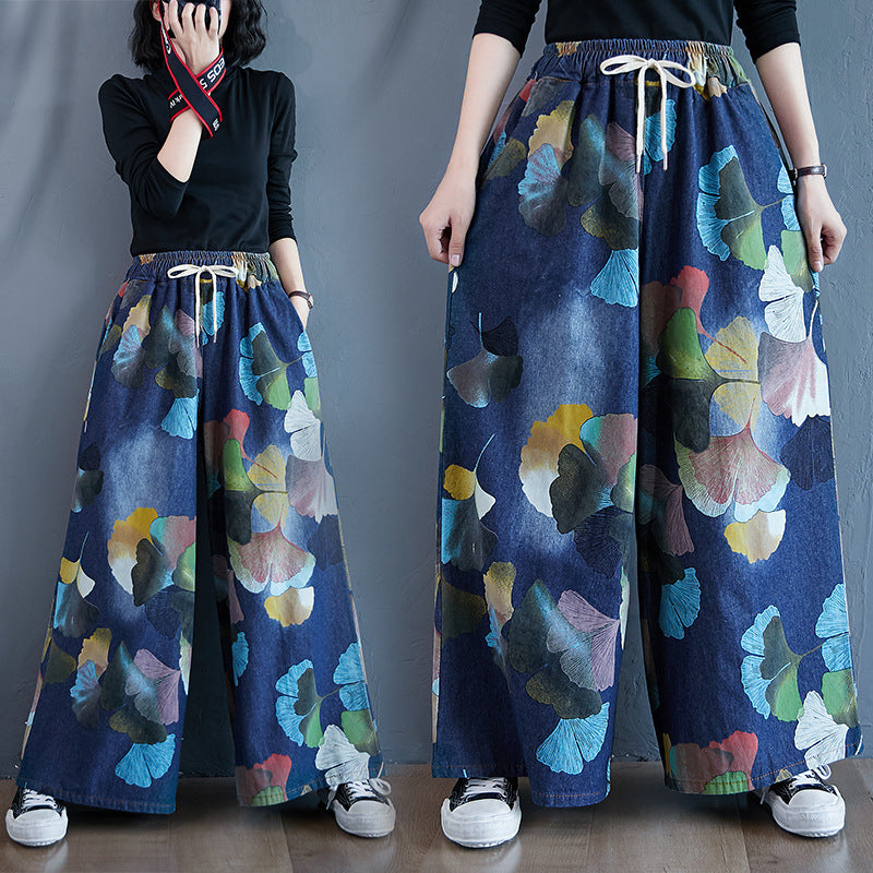レディース パンツ ゆったり デニム 秋冬 秋 レトロ 大きいサイズ ボトムス 冬 ストレートパンツ ストレート エスニック デニムパンツ