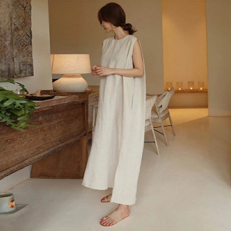 ワンピース ノースリーブ 春夏 きれいめ 通勤 袖なし 春 夏 ラウンドネック ミモレ ロング 上品 切り替えデザイン