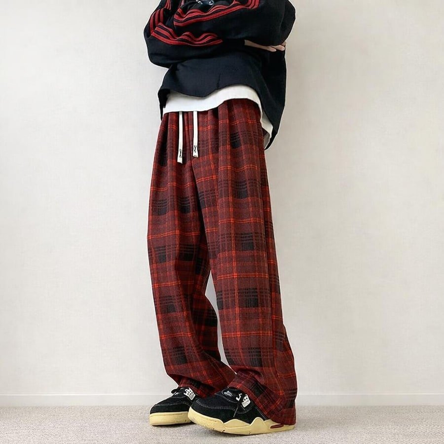 パンツ チェック柄 ワイド 春 秋冬 カジュアル 秋 冬 ストレート ヴィンテージ ポリエステル