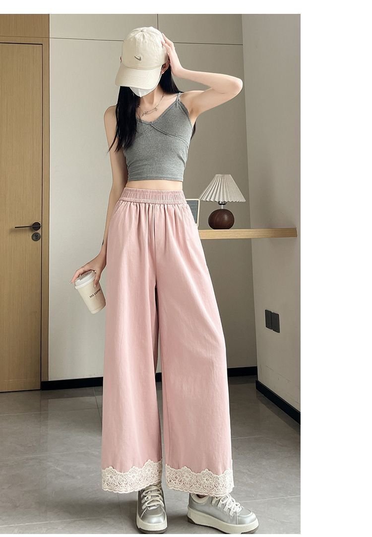 レディース パンツ ゆったり ワイド 春夏 カジュアル 春 夏 レース ストレートパンツ ストレート おしゃれ ハイウエスト ポリエステル 着痩せ