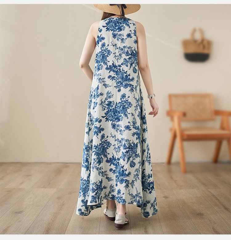 ワンピース ノースリーブ 春夏 袖なし 春 夏 ラウンドネック ロング 大きい フレア 切り替えデザイン