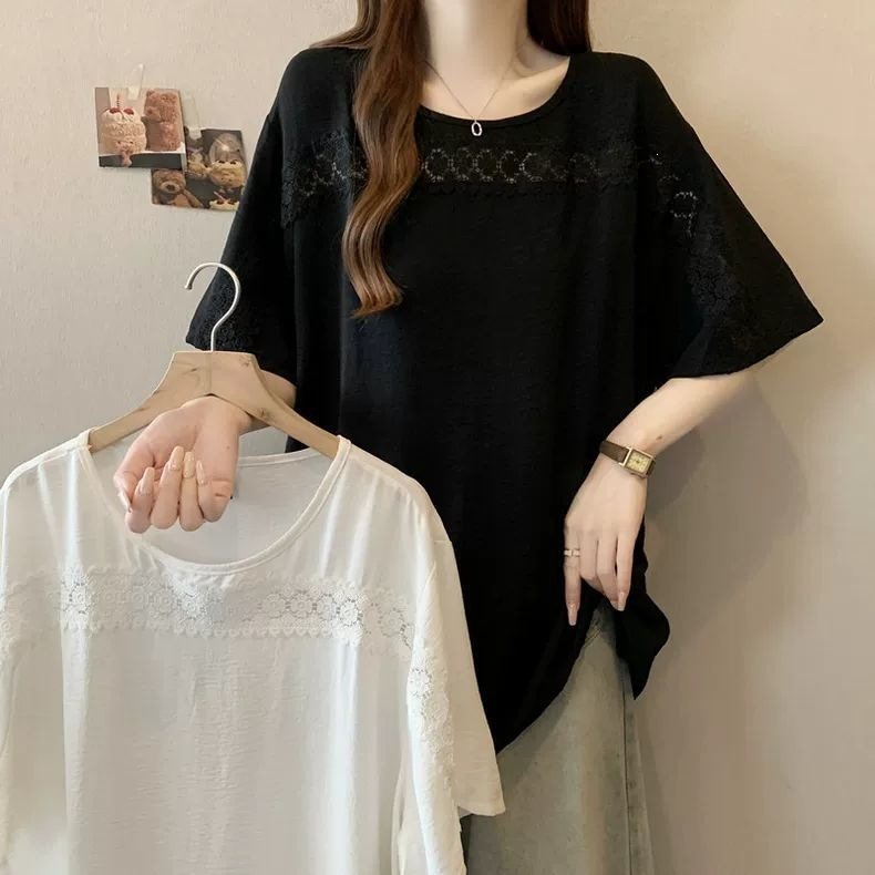 レディース シャツ トップス Tシャツ 半袖 無地 ゆったり 春夏 きれいめ 通勤 大きいサイズ おしゃれ 体型カバー 前開き 春 夏 ラウンドネック タイト レース シンプル 細身 シフォン タイ 都会的 レギュラー 着痩せ