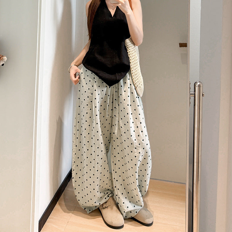 レディース パンツ ボトムス ロング ワイド 裾ワイド ウエストリボン ポケット ハイウエスト ウエストゴム 薄手 大人可愛い シンプル おしゃれ かっこいい こなれ感 個性的 主役級 存在感 抜け感 都会的 ベーシック ドット柄 水玉 春 夏 ロングシーズン ママ デート お出かけ アウトドア キャンプ 旅行 女子会 重ね着 韓国 オルチャン 楽ちん 体型カバー 普段使い 着回し モテ トレンド 流行 インスタ映え S M L XL ゆったり 白 黒 春カラー