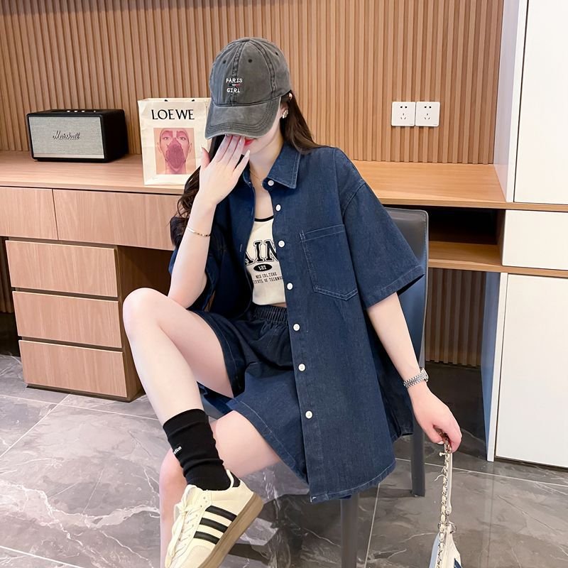 シャツ パンツ ゆったり デニム 春夏 カジュアル 大きいサイズ 前開き 春 夏 ハーフ セットアップ ポリエステル