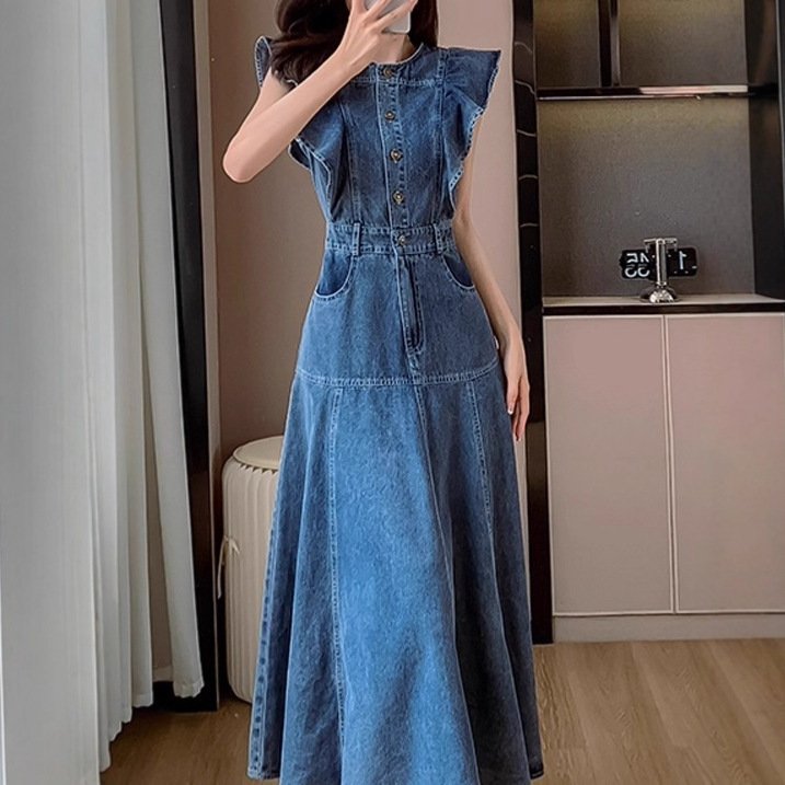 ワンピース ドレス デニム 春 秋 体型カバー 春夏 ラウンドネック 膝下 冬 ロング 上品 フレンチスリーブ ハイウエスト