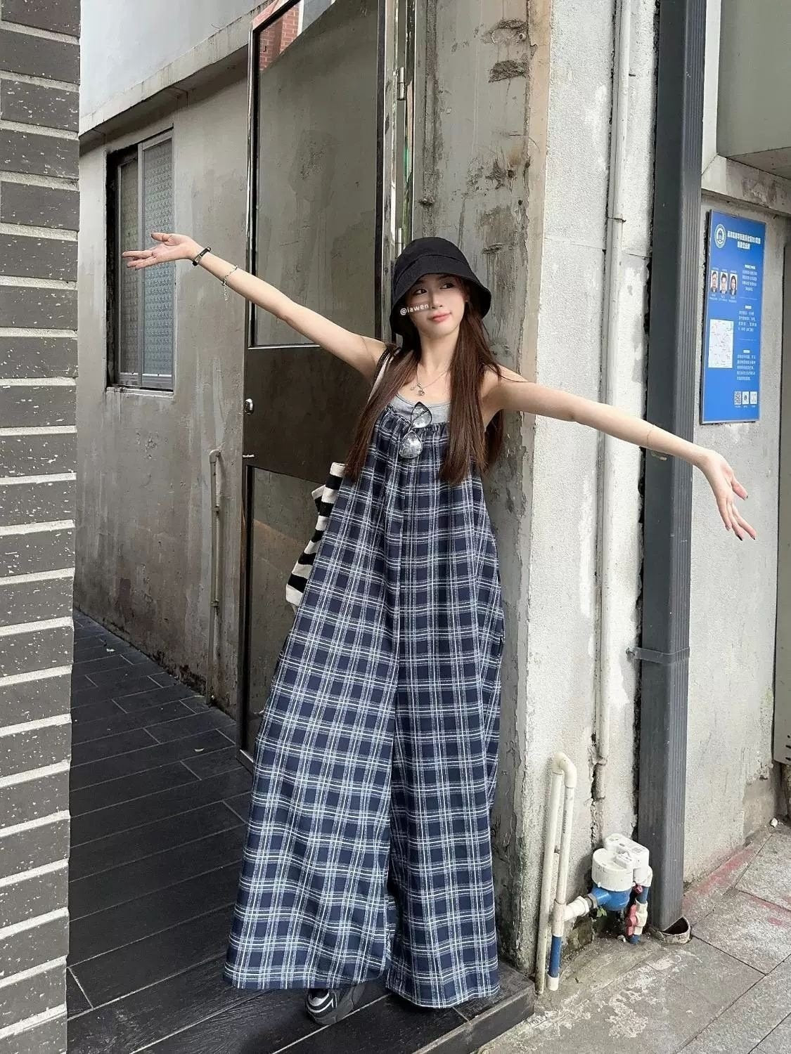 パンツ チェック柄 ゆったり ワイド 春夏 レトロ 体型カバー ミニ 春 夏 ロング サロペット フェミニン オールインワン