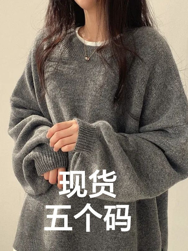 跨境外贸亚马逊TK欧美秋冬新款圆领侧开叉宽松灯笼袖女装针织毛衣