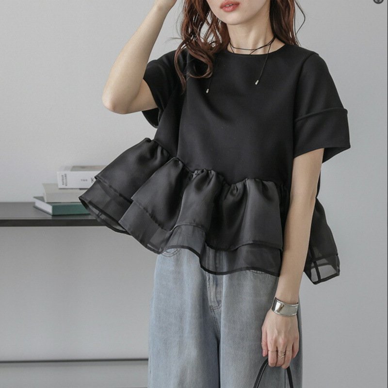 レディース Tシャツ ニット 半袖 無地 ゆったり 春夏 カジュアル 体型カバー 春 フレア 夏 ラウンドネック シンプル パフスリーブ シャツ ポリエステル