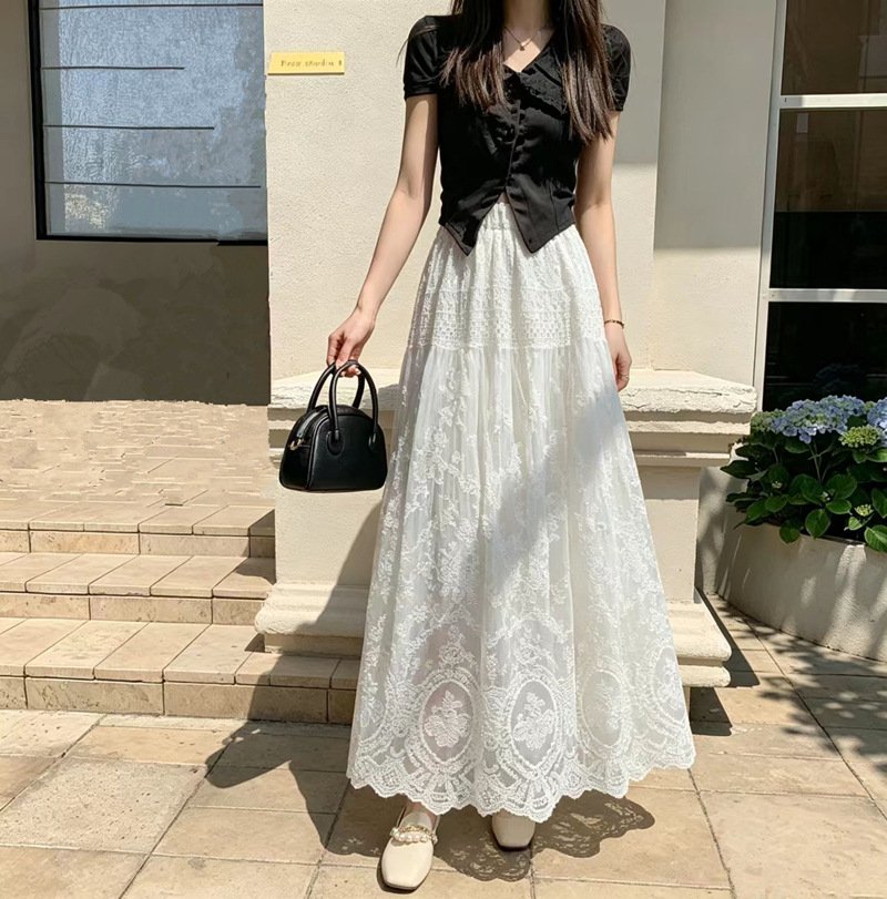 レディース スカート 無地 春夏 カジュアル 春 夏 レース 上品 ロング 切り替えデザイン ハーフ ハイウエスト ストレッチ ロングスカート