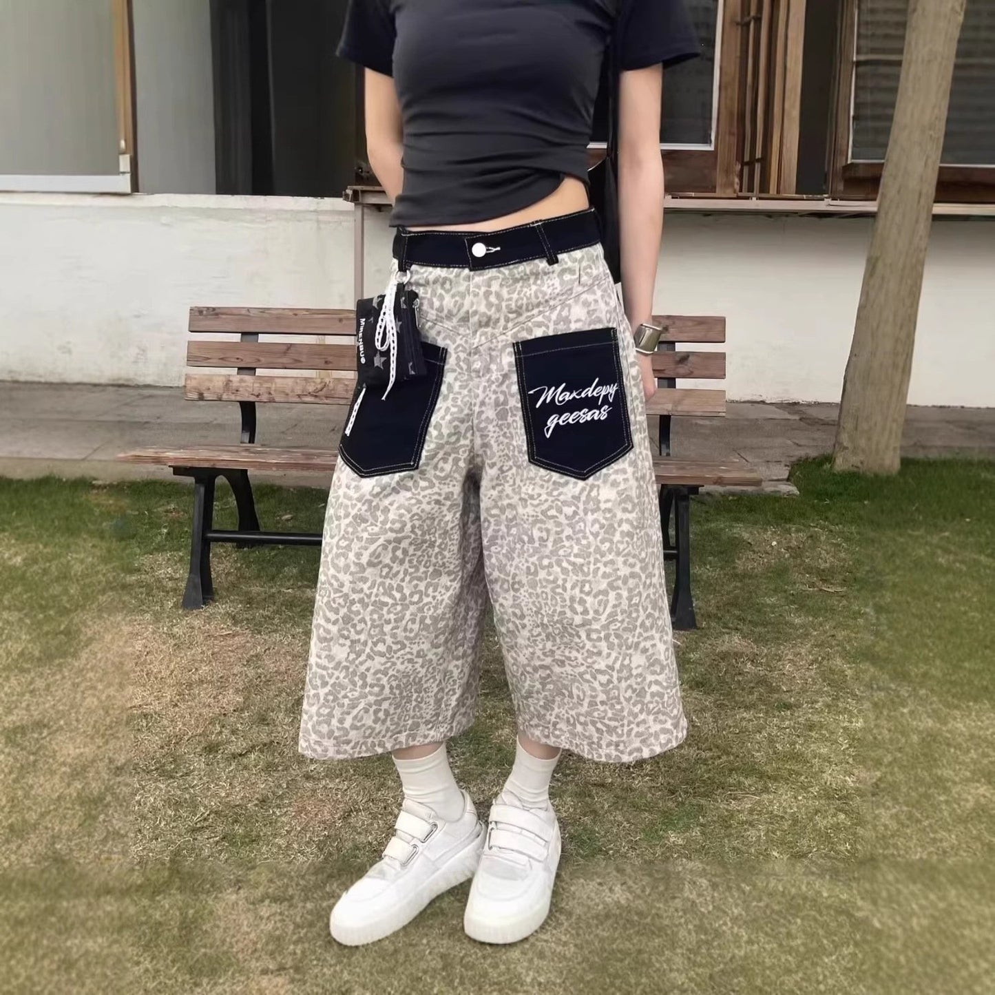 レディース パンツ ワイド コットン 綿 デニム 春夏 カジュアル アメリカン レトロ 春 ショート 夏 男女兼用 ショートパンツ 7分丈 ヒョウ柄 ポケット ハイウエスト ストリート ストレッチ