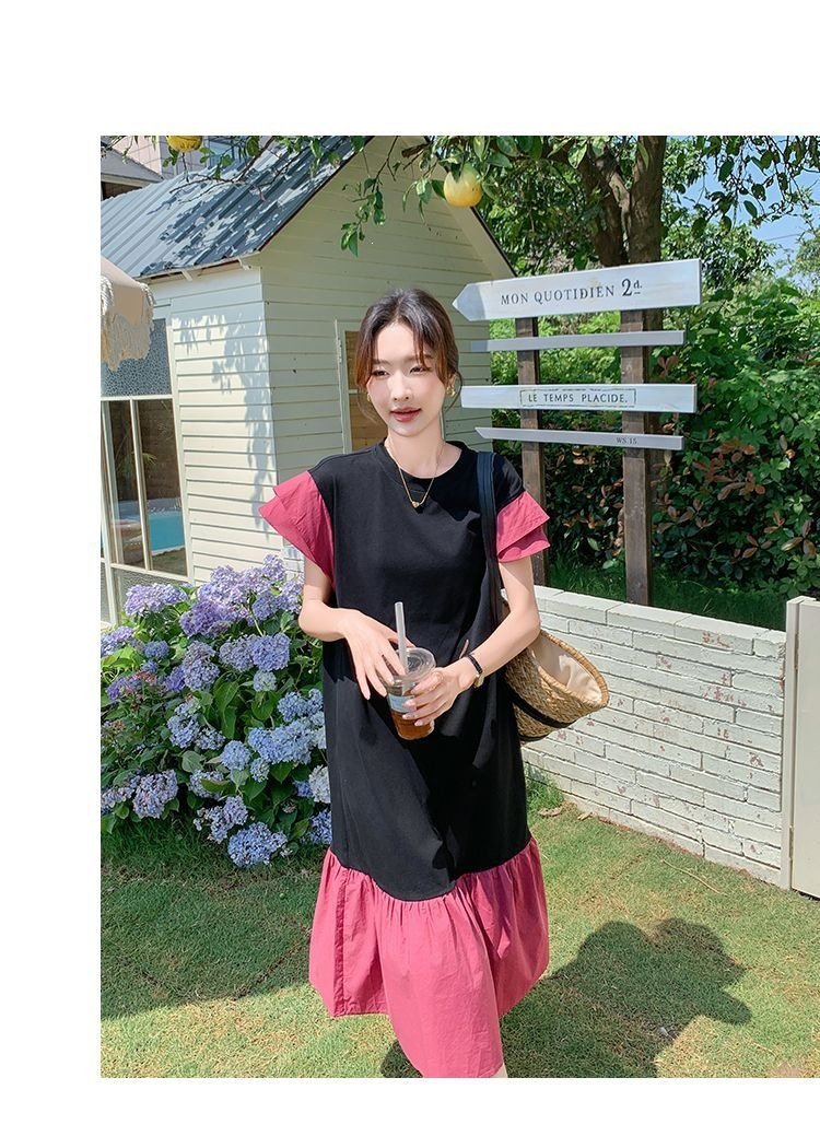 ワンピース ドレス 半袖 無地 春夏 きれいめ 通勤 春 夏 ラウンドネック シンプル ロング タイト 大きい フレア フレンチスリーブ 切り替えデザイン 細身 Aライン