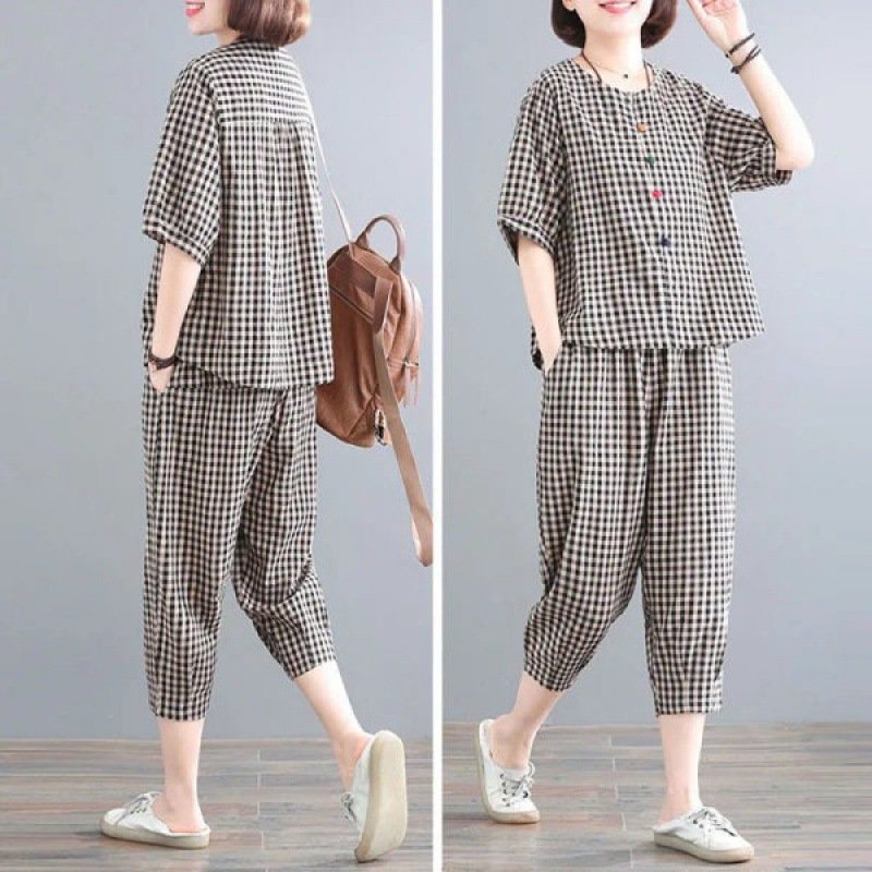 レディース パンツ チェック柄 コットン 綿 春夏 カジュアル レトロ 大きいサイズ ボトムス 春 夏 ブラック ミモレ パフスリーブ 9分丈 レッド スーツ ポリエステル