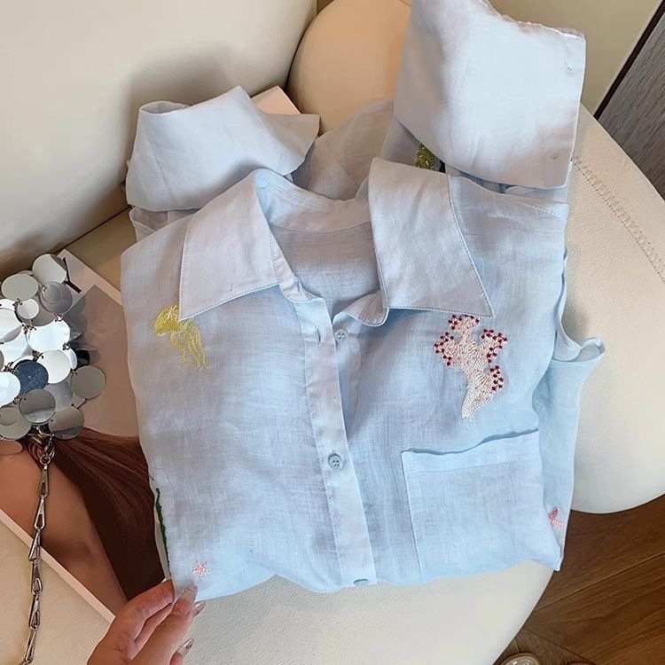 レディース シャツ 半袖 長袖 アニマル柄 春夏 前開き ミニ 春 夏 刺繍 ロング シフォン 切り替えデザイン 襟付き ブルー フェミニン ボタン UVカット