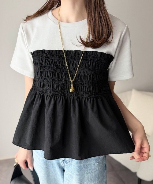トップス Tシャツ ニット 半袖 春夏 きれいめ 通勤 春 ショート 夏 韓国ファッション シャツ 切り替えデザイン 都会的