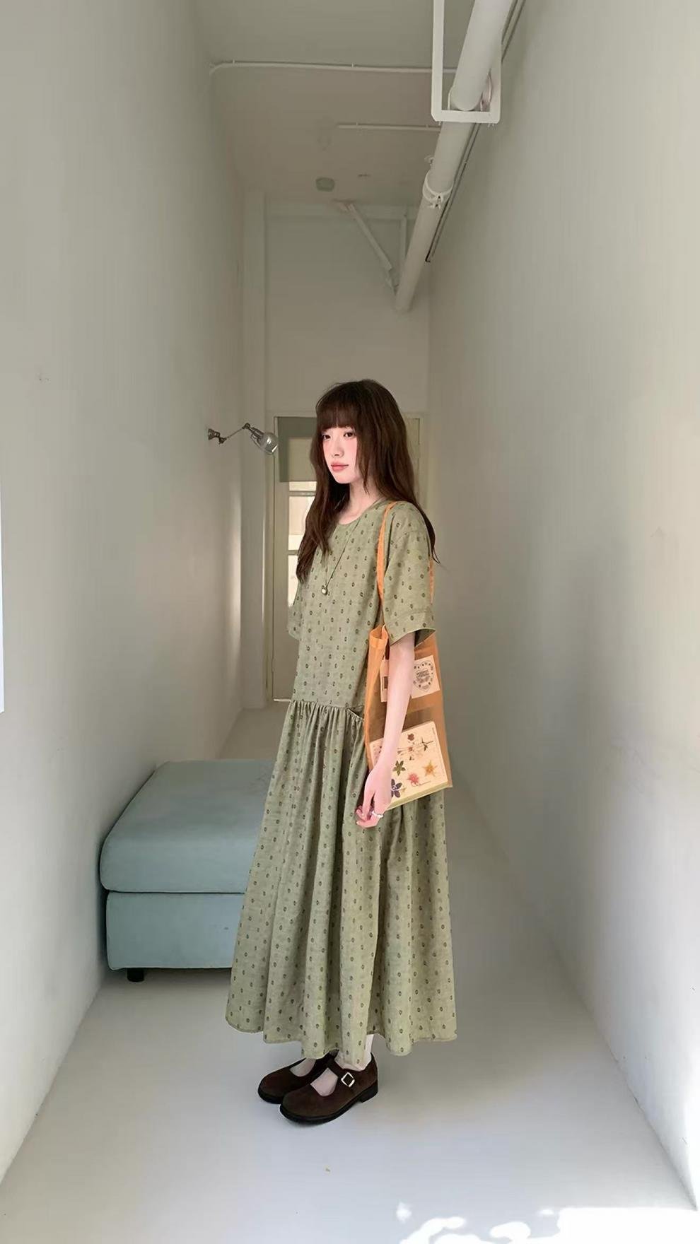 ワンピース 半袖 春夏 カジュアル きれいめ レトロ 体型カバー 通勤 春 夏 ラウンドネック ドット ロング Aライン